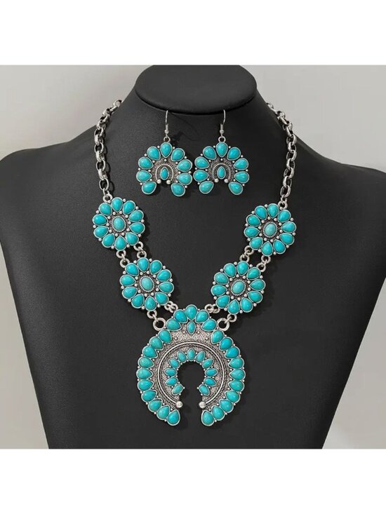 unbranded Jewelry - Squash Blossom Style Imitation Turquoise Necklace & Earrings Set Silver Tone